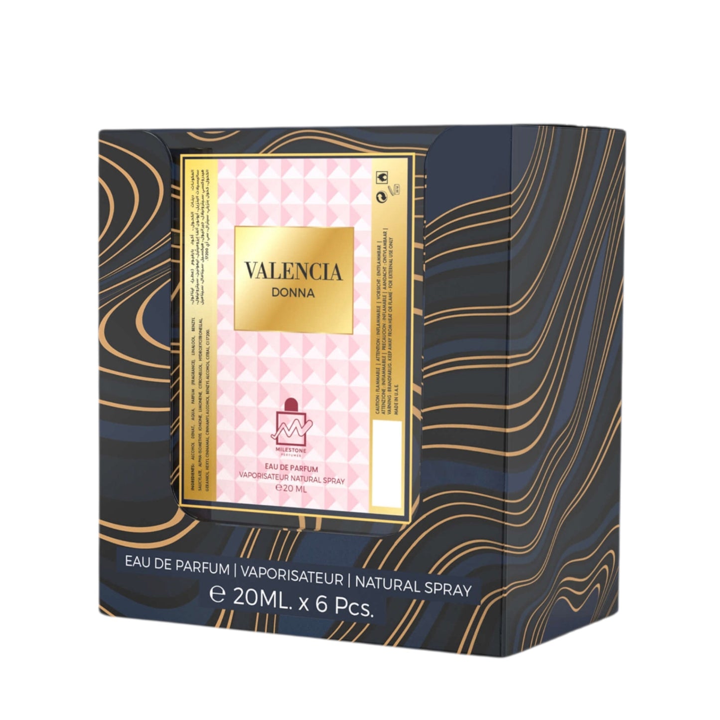 Milestone Valencia Donna Eau de Parfum — Retail & Wholesale Pack 5 x 20 ml + 1 Free Tester | Premium Fragrance for Retailers and Corporate Buyers