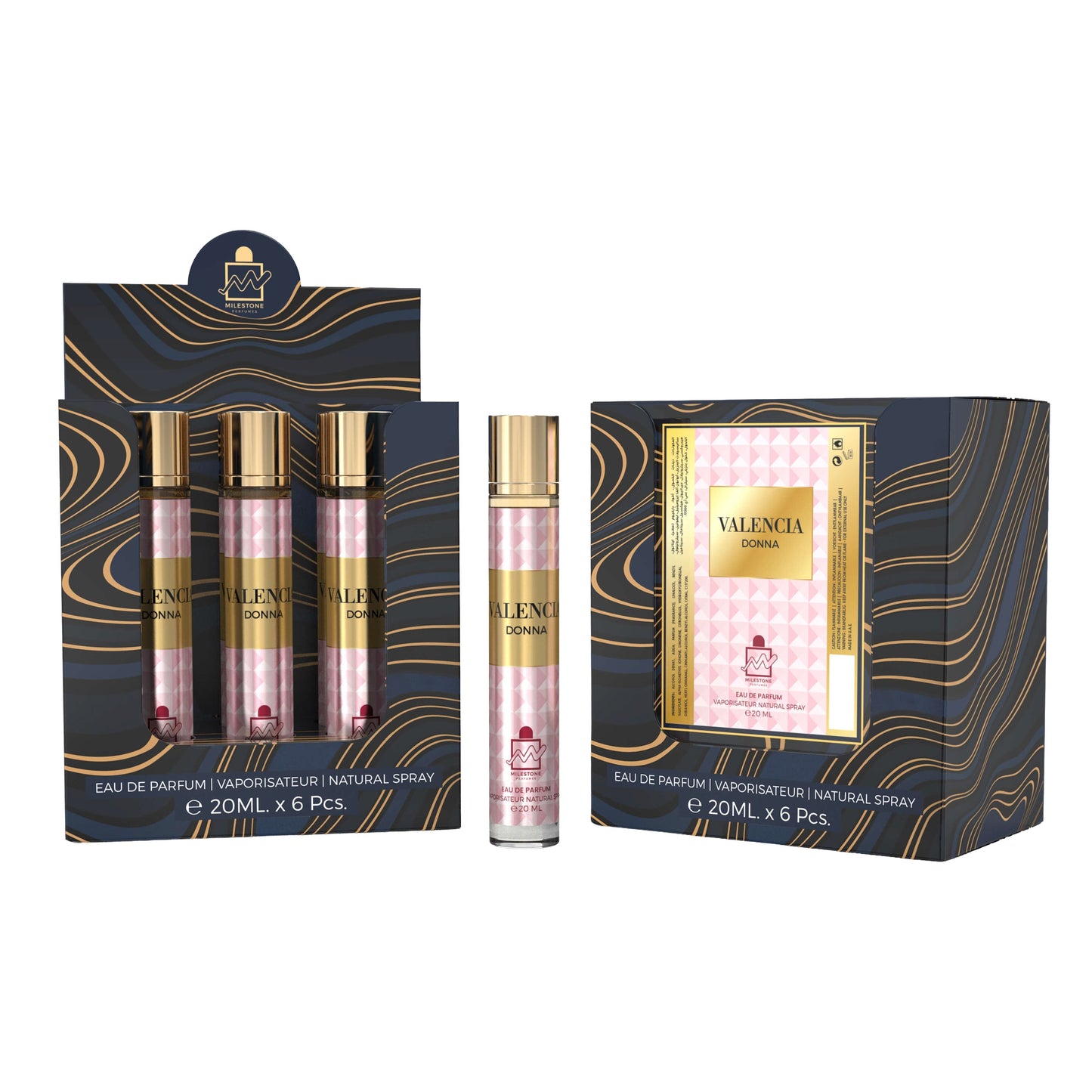 Milestone Valencia Donna Eau de Parfum — Retail & Wholesale Pack 5 x 20 ml + 1 Free Tester | Premium Fragrance for Retailers and Corporate Buyers